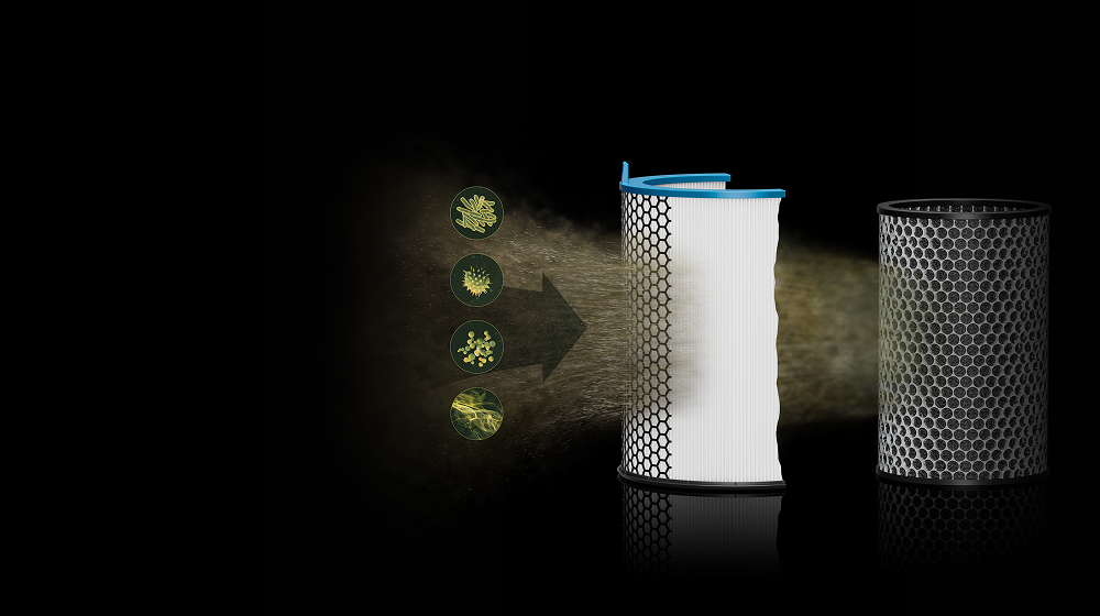 The Dyson HushJet Compact Purifier’s double-layer filtration removes allergens, pollutants, odours and gases from the air.