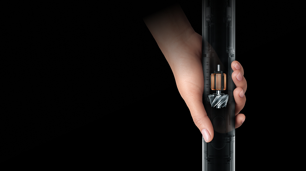 Cutaway showing the powerful Hyperdymium 140k motor inside the Dyson PencilVac vacuum.