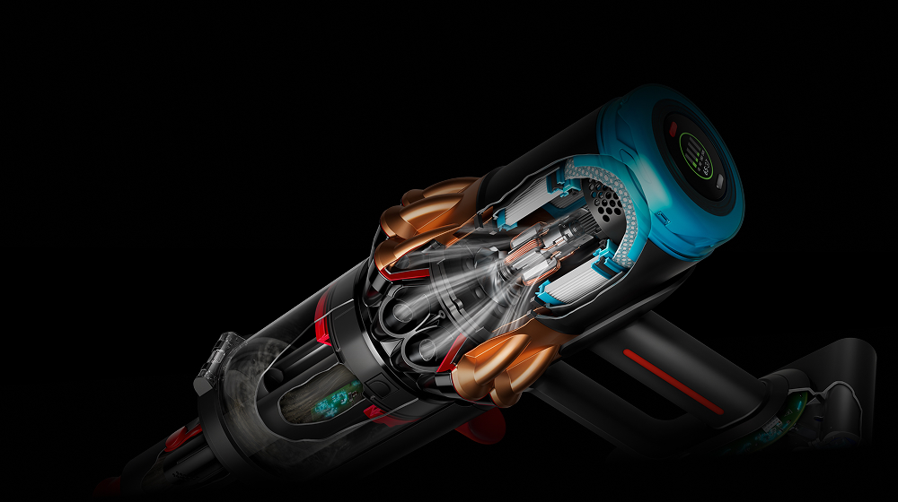 Cutaway showing the powerful Hyperdymium 900w motor inside the Dyson V16 Piston Animal vacuum.