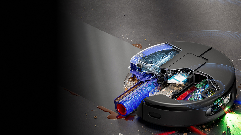 Cutaway shows the self-cleaning wet roller on the Dyson Spot+Scrub Ai DR30 robot vacuum.