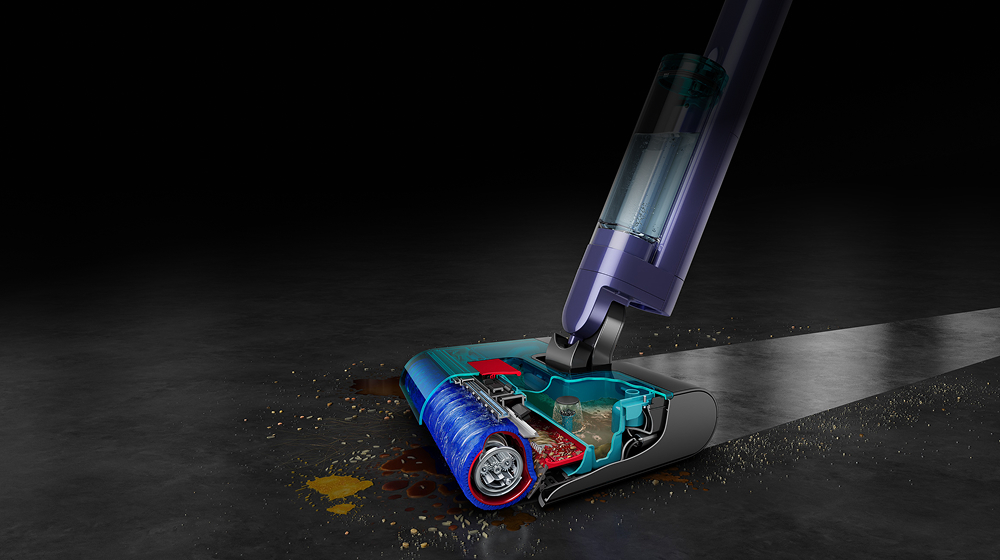 The tray cover is removed from the waste system of the Dyson Clean+Wash Hygiene Hard Floor Cleaner.
